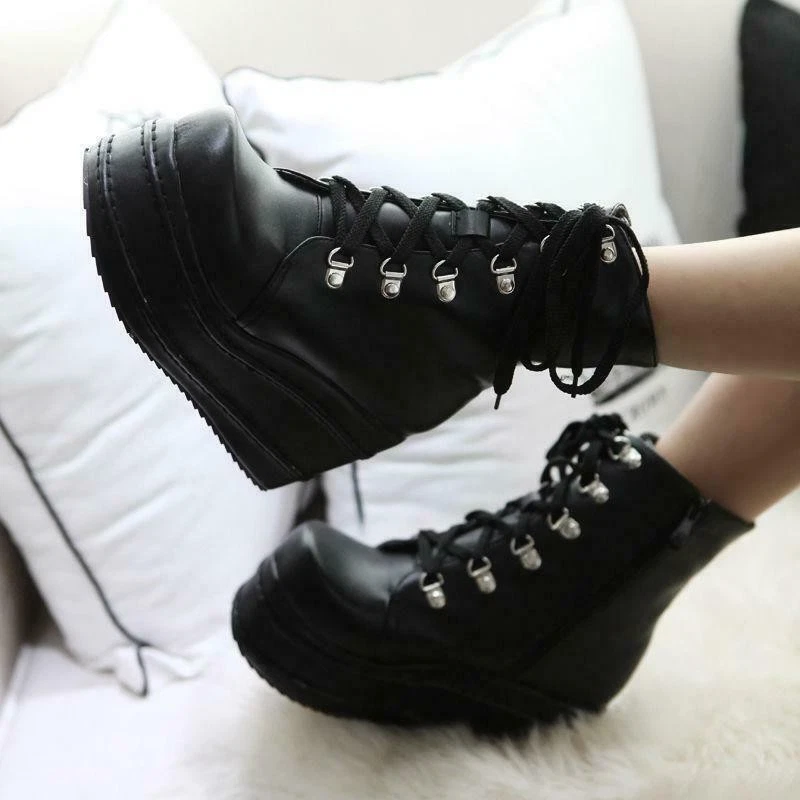 New Women Platform Lace up Punk Ankle Boot Creepers High Wedge Heel Gothic Shoes - Image 1 of 1