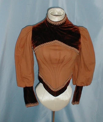 Vestido Antiguo Bustle Body Victoriano 1880 Marrón Lana y Terciopelo Borde Dorado Foto 1 de 4
