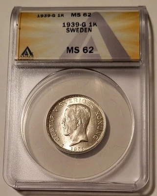 Sweden Gustaf V 1939 G Silver Krona MS62 ANACS - Image 1 of 4