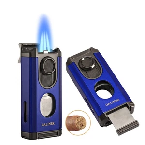 Blue Travel Cigar 3 Jet Flame Torch Lighter Stainless Guillotine Cutter Punch - Picture 1 of 12