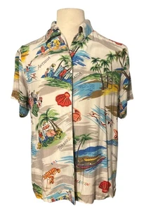 Vintage At Last Tropicwear Hawaiian Shirt Medium 100% Rayon Beach Print - Picture 1 of 8