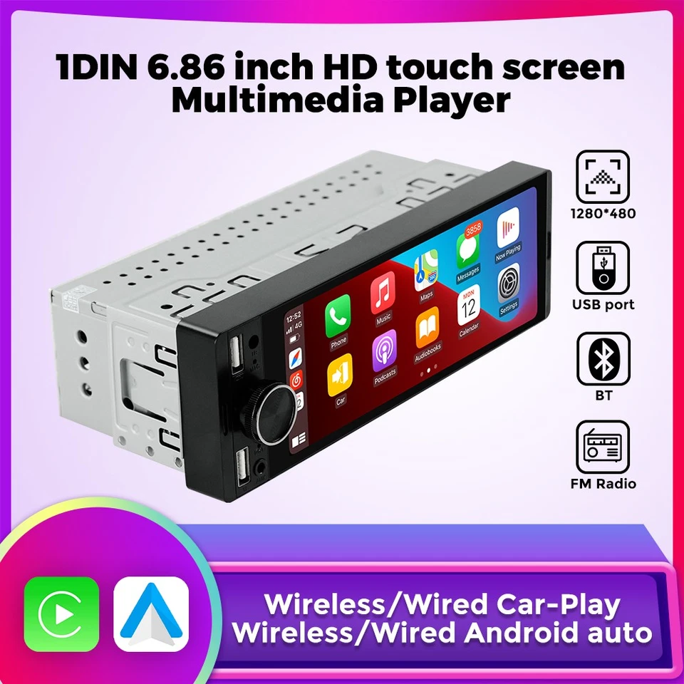 Autoradio 1DIN 6.86” Touchscreen Carplay Wireless Android Auto USB BT - Immagine 1 di 4