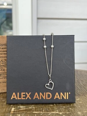 EARLY Alex & Ani Sterling Silver Adjustable Station Necklace w Heart Charm + Box - Imagem 1 de 4
