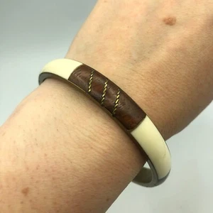 STATEMENT White Enamel and Brown & Metal Inlay Bangle Stacking Retro Christmas - Picture 1 of 11