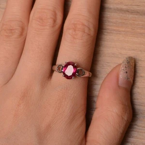 Minimal Ruby Ring Lab Created Oval Gemstone 925 Sterling Silver Women Ring - Picture 1 of 5