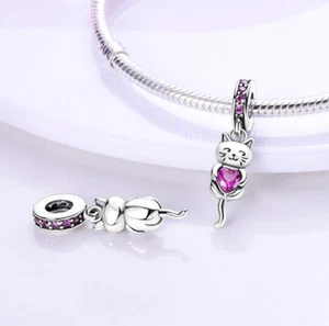 Pink Love Heart Cat Kitten Pet Dangle Charm Mum Wife 925 Sterling Silver - Picture 1 of 1