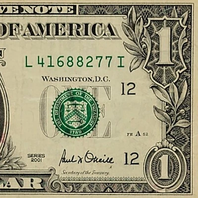 Old Note 2001 Series One Dollar Bill L41688277I FW Pairs 8s 7s - Image 1 of 4