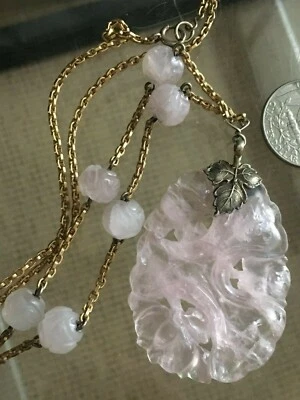 ANTIQUE CHINESE CARVED QUARTZ GINKGO LEAF SHOU BEAD STERLING LAVALIER NECKLACE - Image 1 of 4