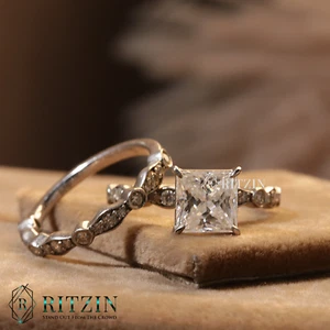 2,25 ct Princess & Rundschliff Moissanit 925 Silber Braut Set Verlobungsring - Bild 1 von 7