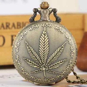 Ahornblatt Hanf Cannabis Blatt 3D Quarz Taschenuhr HALSKETTE Farbe Bronze - Bild 1 von 4