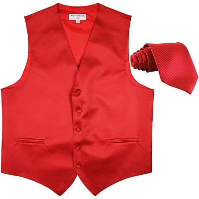 New Men's Tuxedo Vest Waistcoat & Neck Tie Horizontal Stripes Prom formal Red - Image 1 of 3