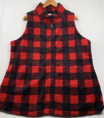 Quacker Factory Vest Women 1X Buffalo Check Black Red Fleece Full Zip - Image 1 of 4