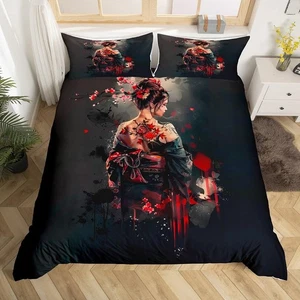 Japanese Geisha Duvet Cover King Size Kids Red Cherry Blossoms Comforter Cove... - Bild 1 von 6