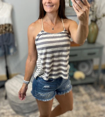 Linen Top Small Gray Scoop Neck Striped Flowy Rope Spaghetti Strap Tank Sexy - Image 1 of 4