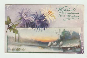 Best Christmas Wishes Sheep at Water Flowers Vintage Tuck Postcard P20 - Imagen 1 de 2