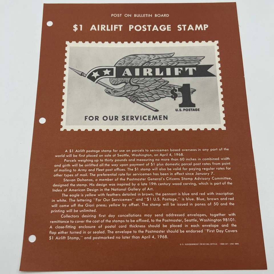 1968 $1 Airlift For Our Servicemen Commemorative Postage Stamp FDC Advertising - Image 1 of 4