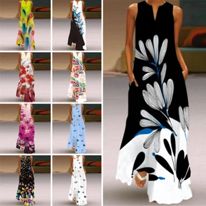 Women Tank Dress V Neck Long Maxi Dresses Ladies Holiday Hawaiian Sleeveless - Picture 1 of 65