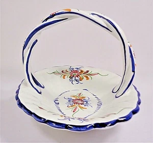 Signed, hand painted porcelain basket bowl, braided handle, floral, Portugal - Picture 1 of 9