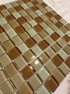 Light Beige Mix Glossy Glass Mosaic 1"x1" Stacked Mesh Mounted - Image 1 of 4