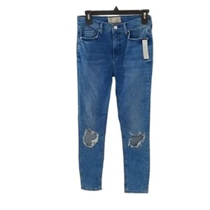 Free People Womens 27 Distressed Skinny Jeans Blue High Rise Ripped Knees - Picture 1 of 8