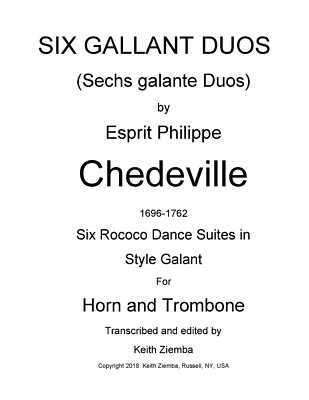 Horn and Trombone Duets - 6 Gallant Duos (Suites) by Chedeville - Rococo 28pp - Image 1 of 4