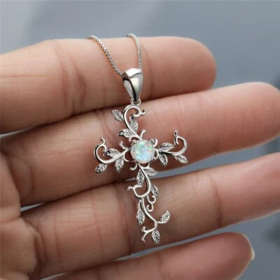Round Cut Simulated Fire Opal Gorgeous Cross Fancy Pendant 14k White Gold Plated - Image 1 of 4