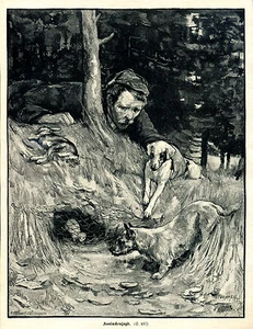 Kaninchenjagd -- Hund--Kaninchen - Fallensteller -- Holzstich -- aus 1898- - Bild 1 von 1