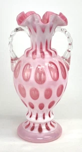 Vintage Fenton Cranberry Pink & White Coin Dot Ruffled Vase with Handles - Picture 1 of 7