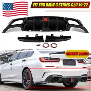 GLOSS BLACK Fits 2019-2022 BMW G20 3 SERIES CMS STYLE REAR DIFFUSER W/ LED LIGHT - Picture 1 of 11