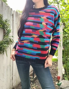 Vintage 90s JH Collectibles Hand Knit Colorblock Black Sweater Sz Medium - Picture 1 of 8