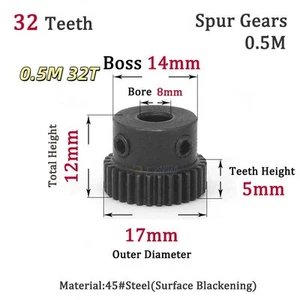 Spur Gears Steel Pinion Gears Metal Spur Transmission Gear 45 Steel 0.5M 32T - Picture 1 of 8