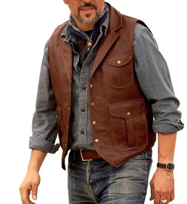 Colete Masculino Couro de Vaca Genuíno Marrom Vintage, Colete Western Sem Mangas Vaca - Imagem 1 de 4