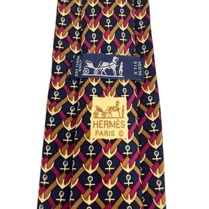 Hermes Mens Tie Nautical Anchors Navy/Gold/Red Silk 7038 TA 3 1/8" (W) x 56" (L) - Picture 1 of 9