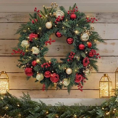 TAYLOR 60cm Artificial Light Up Hanging Door Christmas Wreath - Classic Red & Gold