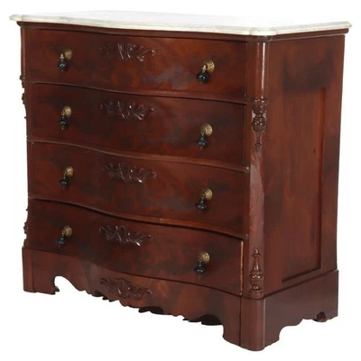 Renaissance Revival Flame Mahogany Serpentine 4-Drawer Marble Top Dresser - Image 1 of 4