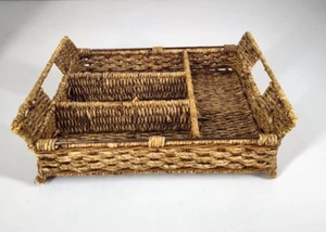 Organizzatore utensili posate vintage in rattan tessuto argenteria con manici e piedi - Foto 1 di 9