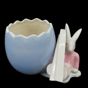 VTG Skiing Easter Bunny Rabbit White Pink Blue Ceramic Vase Candle Holder Japan - Picture 1 of 13
