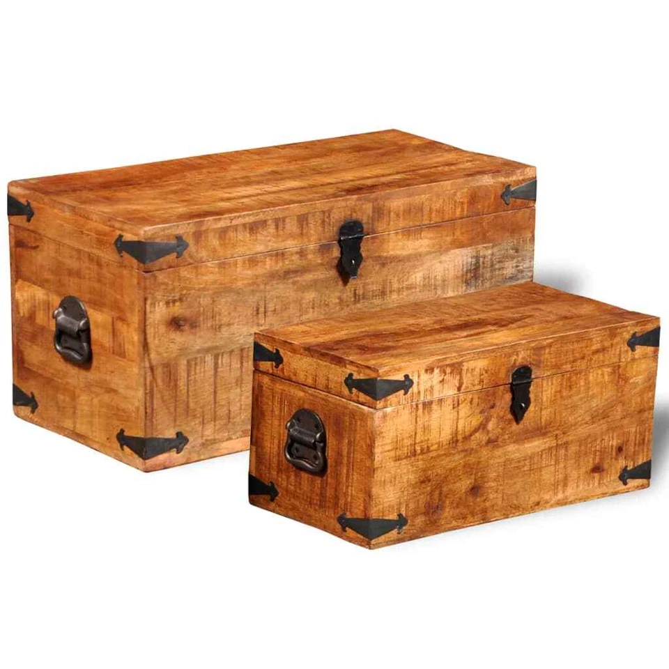 vidaXL Set of 2 Mango Wood Blanket Toy Storage Chests Boxes Trunks Home Decor