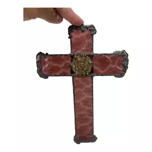 VINTAGE STAIN GLASS CROSS CRUCIFIX Christ w/ Rose & Brass Edging. 1970's. - Picture 1 of 7
