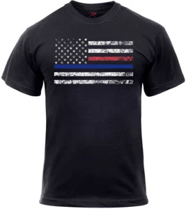 Camiseta Negra Delgada Línea Azul/Roja Envejecida Bandera de Estados Unidos Apoyo Policía 61660 - Imagen 1 de 12