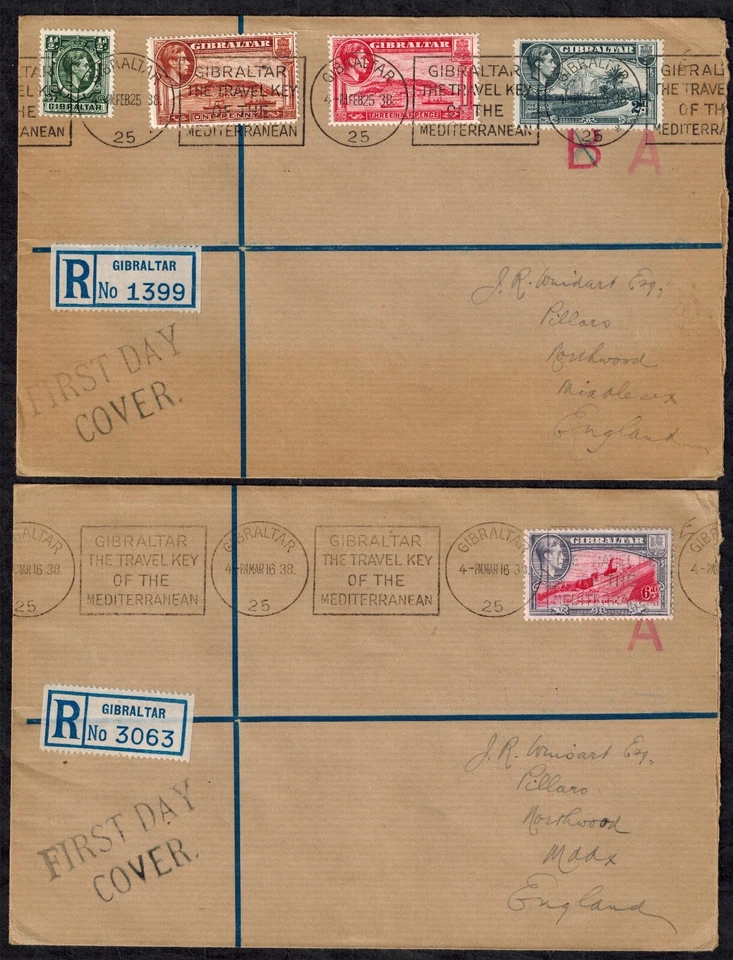 Gibraltar 1938 KG VI First Day Covers w/SG 121, 122, 123, 124, 125a, 126, & 127 - Image 1 of 2
