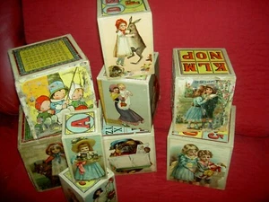 SET of 9, early antique wood lithographed, charming German 1880s nesting blocks - Picture 1 of 11