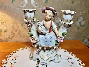 VINTAGE JAPAN DOUBLE CANDLESTICK-CERAMIC FIGURINE-LADY WITH HARP-COTTAGECORE - Picture 1 of 9