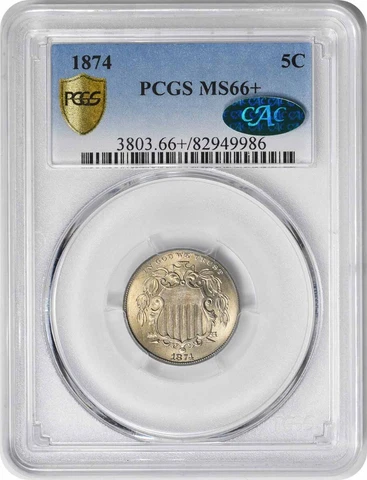 1874 Shield Nickel MS66+ PCGS (CAC) Cover