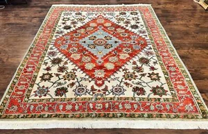 Indo Heriz Rug 7x9 Geometric Pattern Cream Light Red Handmade Vintage Wool - Picture 1 of 12