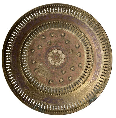 Antique  Brass Large Charger Tray Etched Engraved Detailed Pictorial Plate - Image 1 of 4