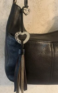 BRIGHTON BARBADOS Black Pebbled Leather Zip Top Shoulder Handbag Hobo Purse-EUC! - Picture 1 of 11