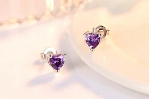925 sterling silver filled girls women kids heart shape purple stud earrings C - Picture 1 of 1