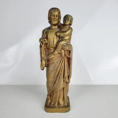 Statuette Saint-Joseph et Enfant Jésus Vintage 15 cm Années 40-50s en Zamak Doré - Photo 1/4