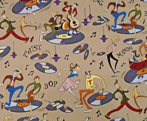 Robert Kaufman Dance Music Records 50s Twist Mambo Swing Cotton Fabric 42x35" - Picture 1 of 3